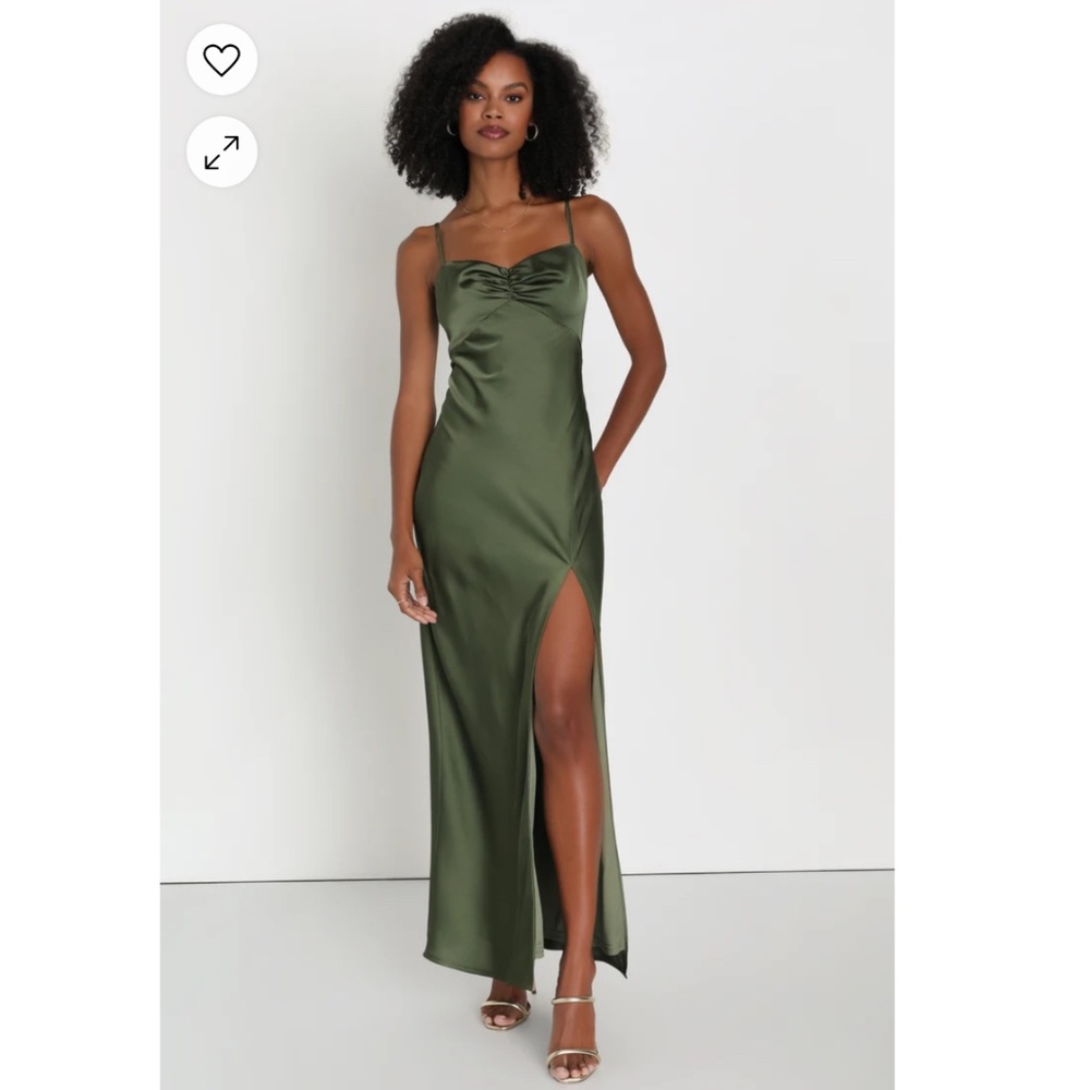 Lulus Serene Beauty Olive Green Satin Ruched Backless Maxi Slip Dress